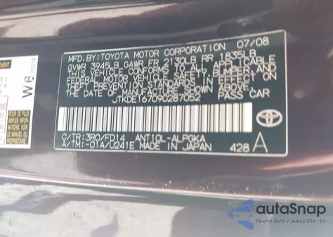 2009 Scion Tc z USA, uszkodzony, nr VIN JTKDE167090287052